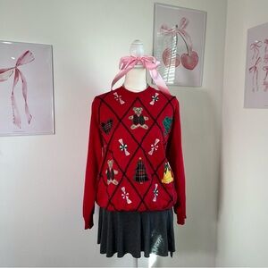 Vintage 90s Alfred Dunner Christmas Red Patchwork Crewneck Sweater Womens Medium